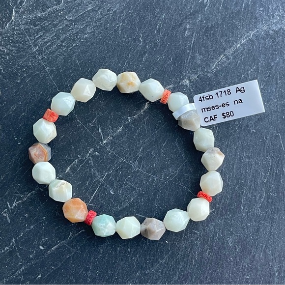 Faceted Picture Jasper Beaded Bracelet with Red Coral Accents 6-6.5” - Picture 5 of 9